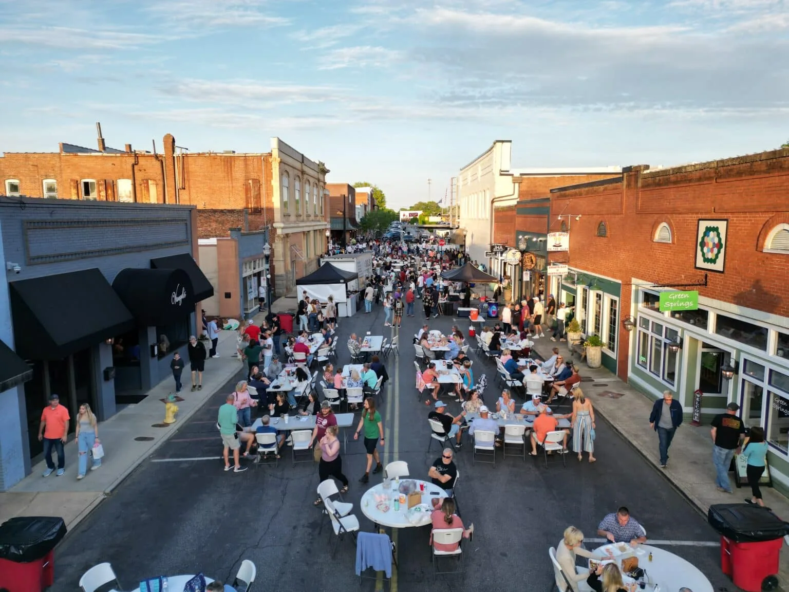 Evening street party on Ram Cat Alley in historic downtown Seneca, South Carolina